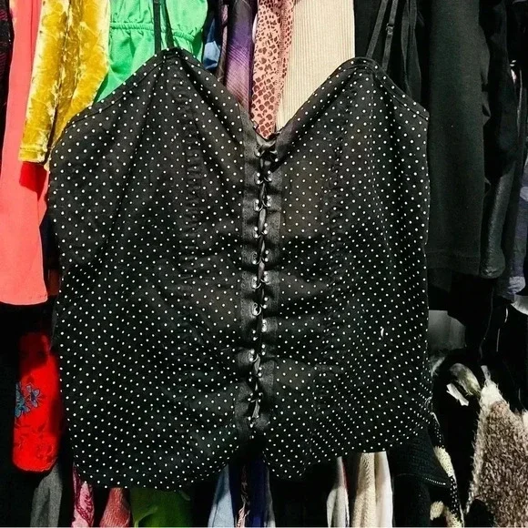 Black and White Polka Dot Bustier Corset Rhinestone Lace Up Top - Picture 7 of 8